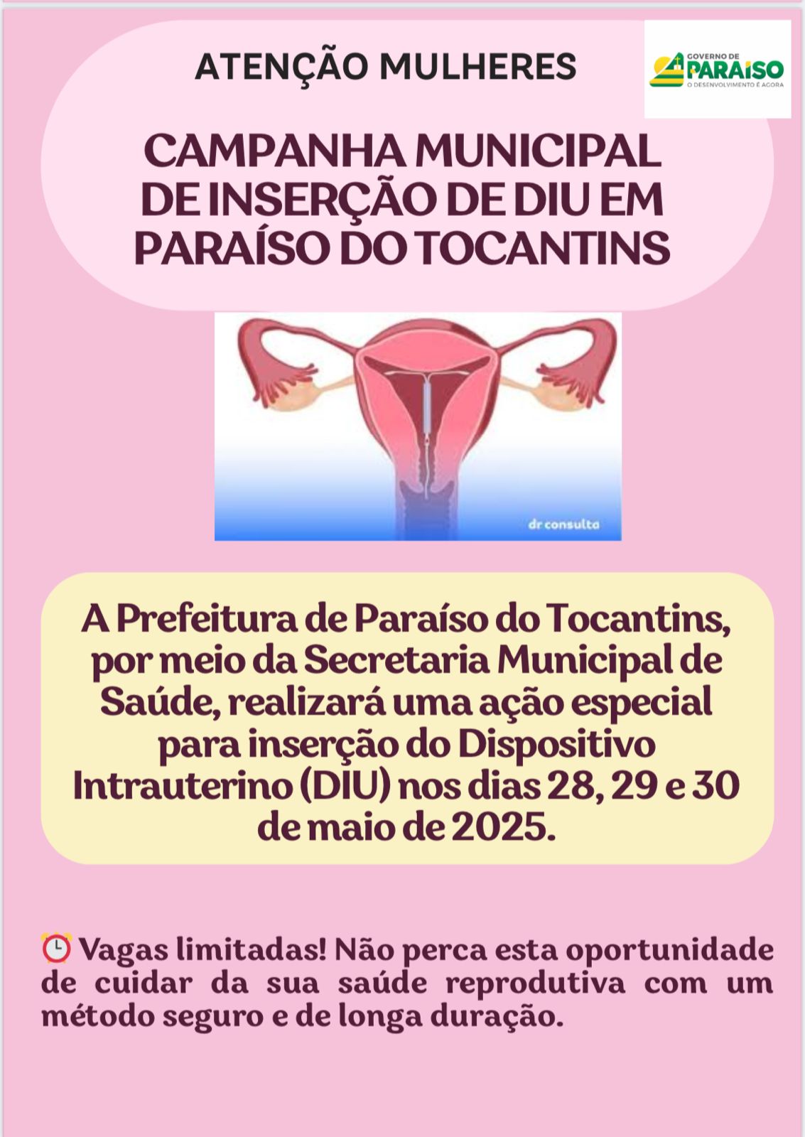 Prefeitura de Paraíso promove ação para inserção gratuita de DIU