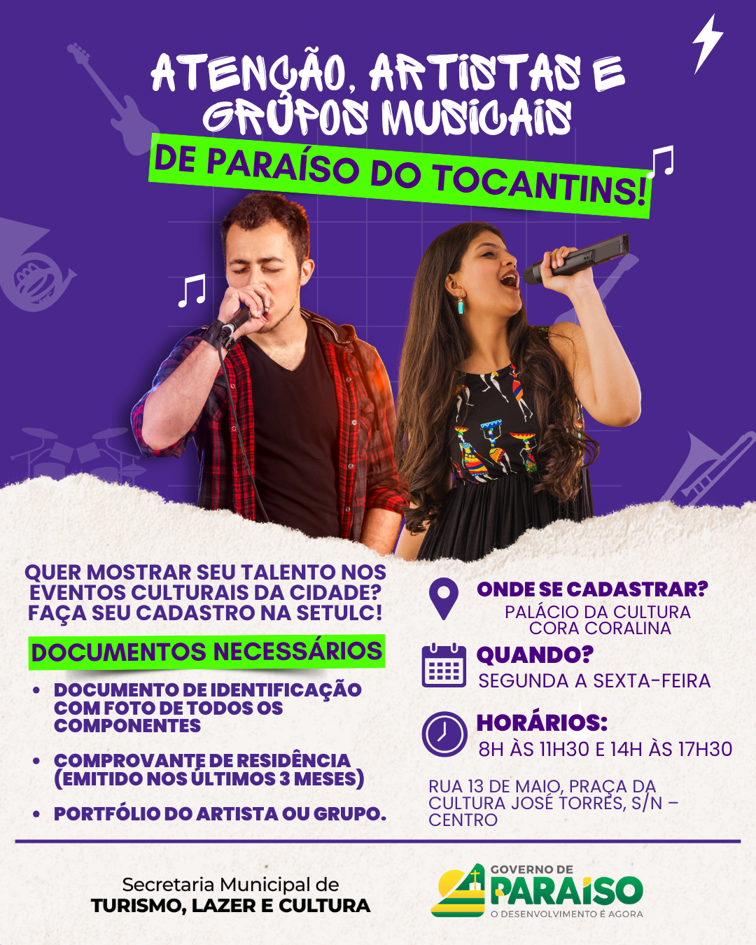 Prefeitura de Paraíso realiza cadastro de artistas e grupos musicais