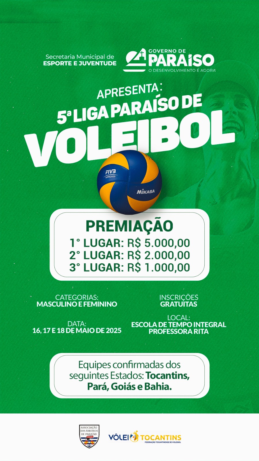 5ª Liga Paraíso de Voleibol reúne equipes do Tocantins, Pará, Goiás e Bahia neste fim de semana