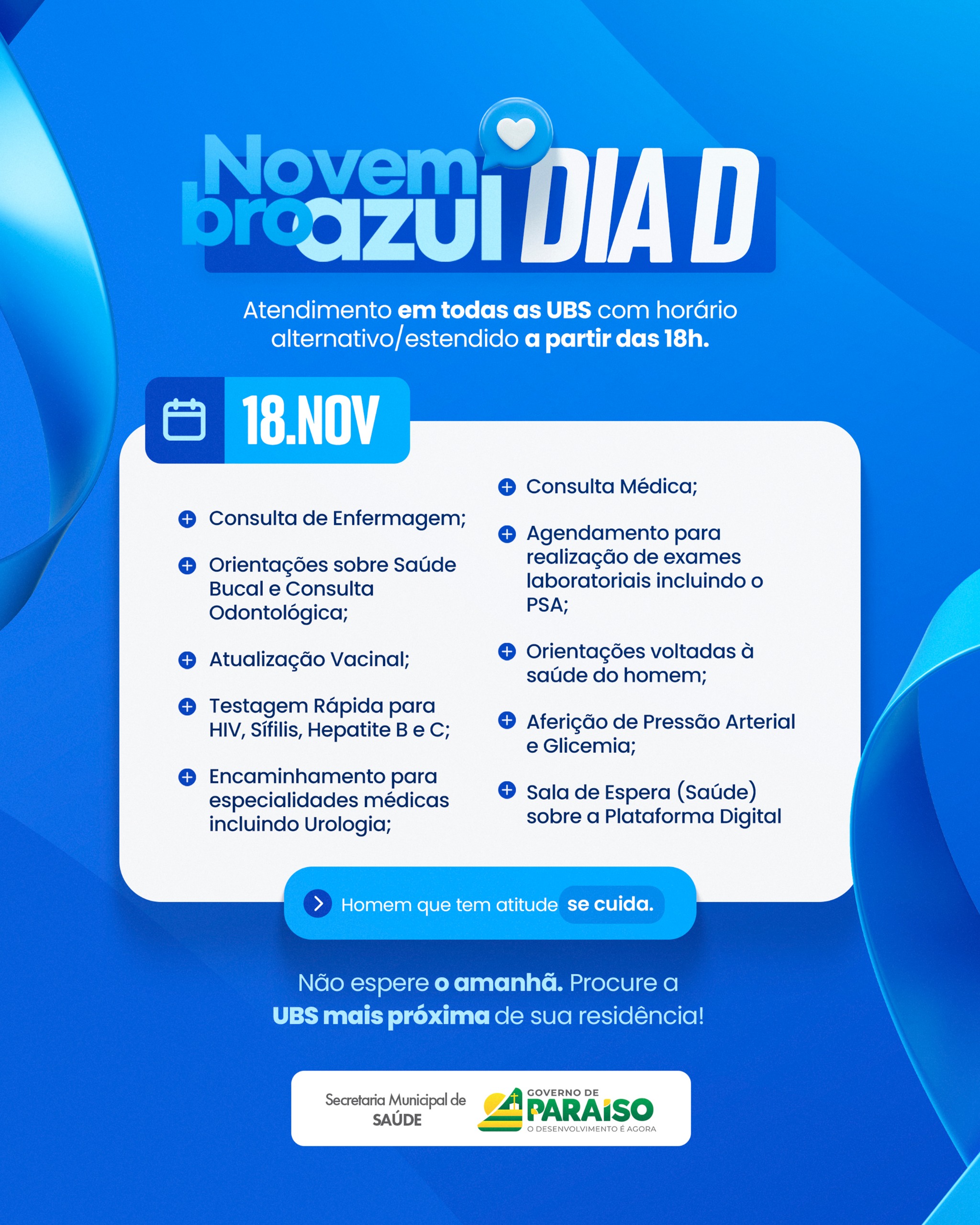 Novembro Azul em Paraíso mobiliza UBS’s com horário estendido no Dia D