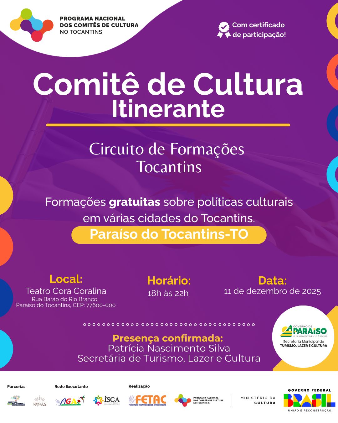 Paraíso recebe etapa do Circuito de Formações Tocantins no Teatro Cora Coralina