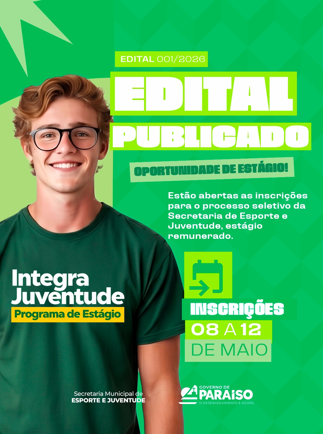Prefeitura de Paraíso abre inscrições para estágio remunerado do programa Integra Juventude