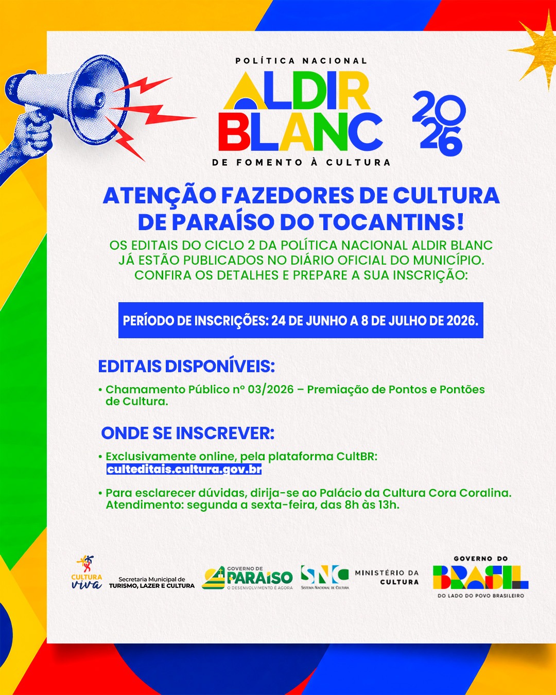 Paraíso do Tocantins lança edital da Lei Aldir Blanc com R$ 95,9 mil para premiar Pontos e Pontões de Cultura